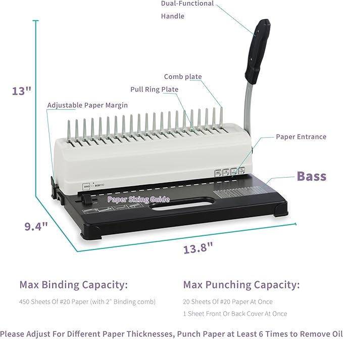 Binditek Binding Machine, 19-Hole, 450 Sheets, Comb Binder Machines with 100 PCS 1/2" Comb Spines, for Letter Size, A5 or Smaller Sizes