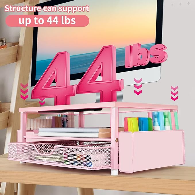 AUPSEN Pink Desk Organizers and Accessories, 2-Tier Wood Computer Monitor Stand with Drawer, Pen Storage & Phone Holder, Office Desk Accessories, Workspace Desktop Organization for Office Supplies