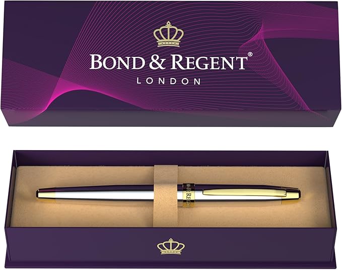 Bond & Regent Silver Chrome & 24 Karat Gold | Certified Luxury Grade Rollerball Pen | Nice Gift for Men & Women