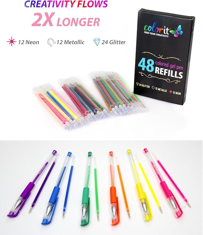 ColorIt 48 Gel Pen Ink Refills for Glitter, Metallic, and Neon - Color Coded for Easy Replacement (Gel)
