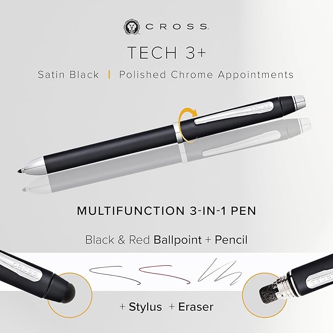 Cross Tech3+ Engraved Refillable Multi-Function Ballpoint Pen with Stylus, Medium Ballpen And Pencil, Includes Premium Gift Box - Satin Black