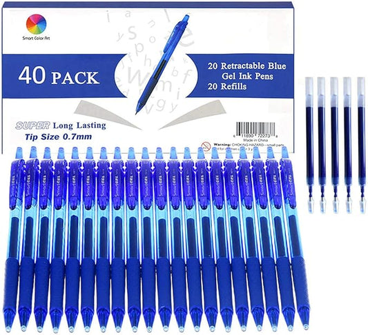 ChicRosa 40 Pack Blue Gel Pens, Retractable Medium Point Gel Ink Pens Smooth Writing for School Office Home, Comfort Grip(20 Pens with 20 Refills) (Blue) (Blue)