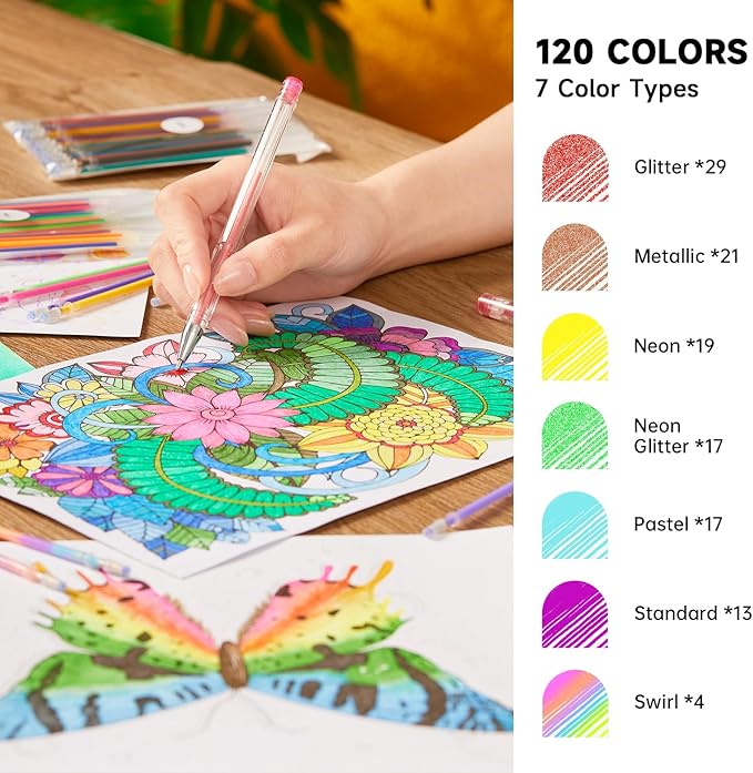 Gel Pen Refills, Shuttle Art 120 Colors (No Duplicates) Gel Pen Refills, 7 Color Types for Kids Adults Coloring Books Drawing Doodling Crafts Scrapbooking Journaling