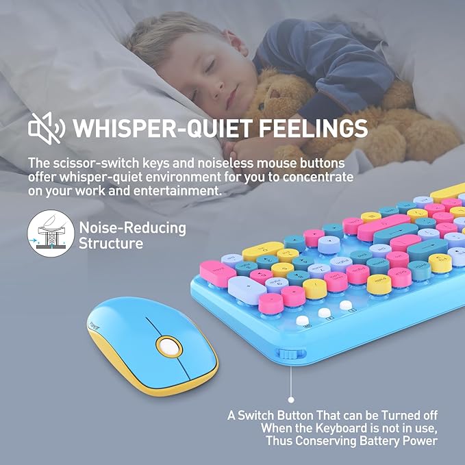 FOPETT 2.4GHz Wireless Keyboard and Mouse Set with Switch Button - Full-Size Keyboard - Compatible for Windows/Laptop/PC/Notebook/Smart TV and More - Blue Colorful