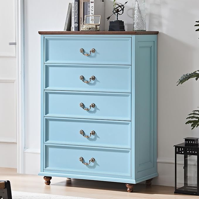 Farmhouse 5 Drawer Dresser for Bedroom, 45" Tall Rustic Chests of Drawers w/ 4 Solid Wood Feet, Mid Century Modern Wooden Closet Storage Dressers Organizer for Living Room, Hallway, Light Blue