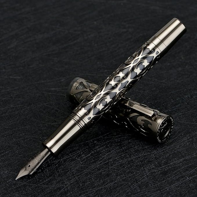 Hongdian D1 Piston Fountain Pen Extra Fine Soft Nib, Jet Black Hollow Skeleton & Resin Pen with Metal Case Set