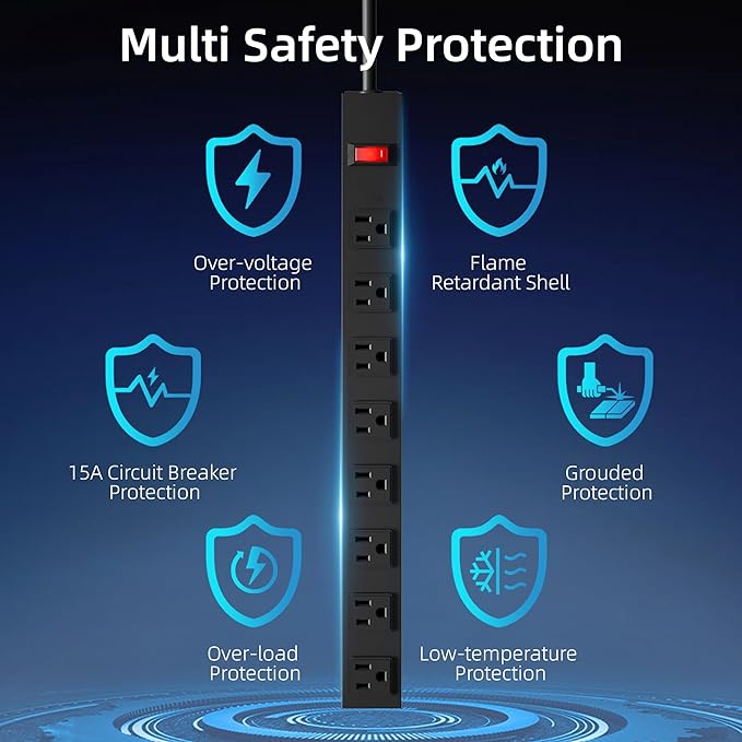 8 Outlet Metal Power Strip,6FT Long Extension Cord Heavy Duty Power Strip for Kitchen,Office,School,Commercial,Workshop,Industrial ETL Certified and Listed Socket,1825W/125V/15A,Black(6FT)