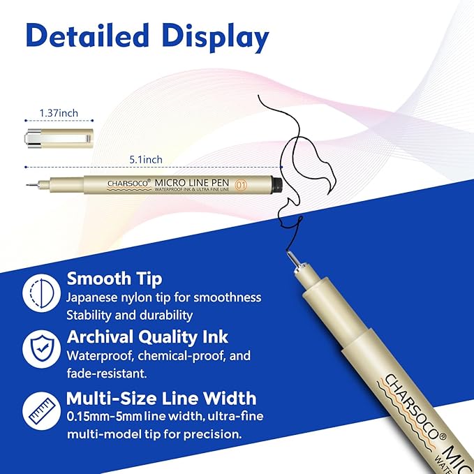 2 Micro Pen, 6 Pack Black Fine Point Pen with Waterproof Archival Ink, 2mm Fineliner Ink Pens for Artist Illustration, Sketching, Anime, Manga, Technical Drawing and Scrapbooking