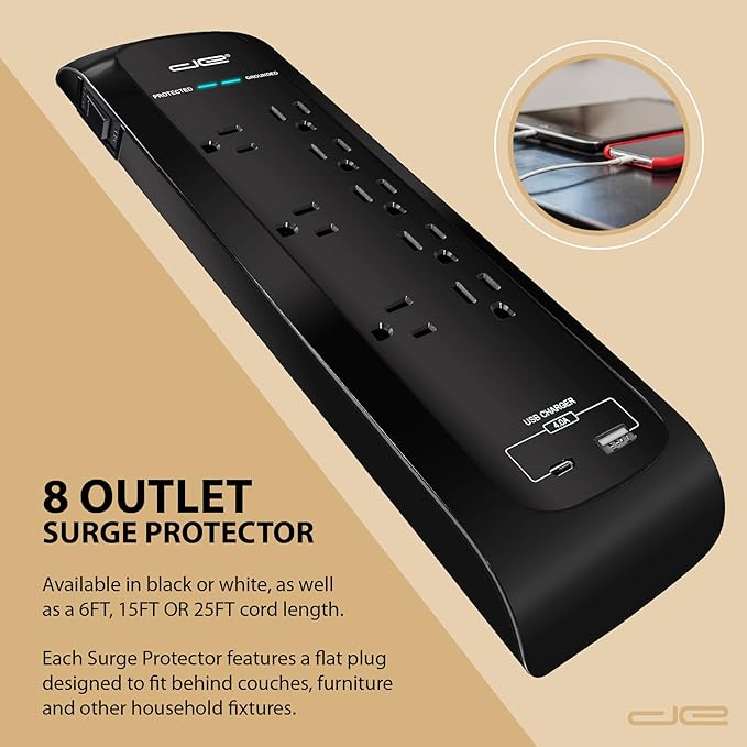 Digital Energy 25 FT USB-C and USB-A 8 Outlet 4200 Joules Surge Protector Power Strip, 3 Wide Spaced Outlets, Black