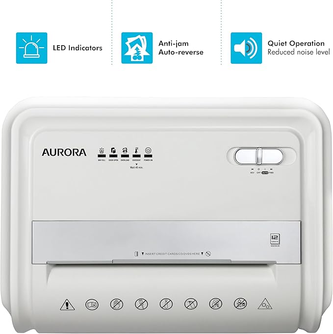 Aurora High-Security 12-Sheet Micro-Cut Paper/CD and Credit Card Shredder with 5.7 Gallon Pullout Basket / 60 Mins Running Time/Security Level P-4