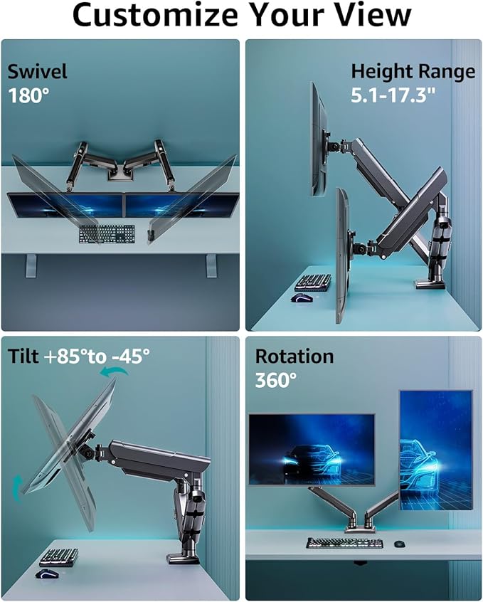 Dual Monitor Mount for 2 Monitors up to 32 inches, Height Adjustable Gas Spring Double Computer Stand, Two Display Desk Mount Holder, Each Monitor Arm Holds Max 22lbs, VESA Mount, Black, Freelift Pro
