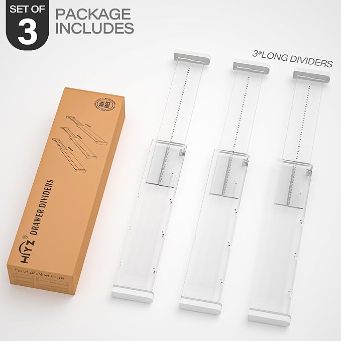 HiYZ Expandable Drawer Dividers - 12.6-22.8'' Adjustable Drawers Organizers for Kitchen Utensils, Drawer Separators in Bedroom, Dresser, Office, Bathroom, Fridge, 3 Pack Long Dividers-Clear