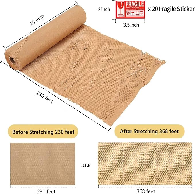 Honeycomb Packing Paper, HONSREO 15 Inches x 230 Feet Eco Friendly Recyclable Cushioning Material, Bubble Wrap for Moving Shipping Breakable Supplies with 20 Fragile Sticker Lables (Brown)