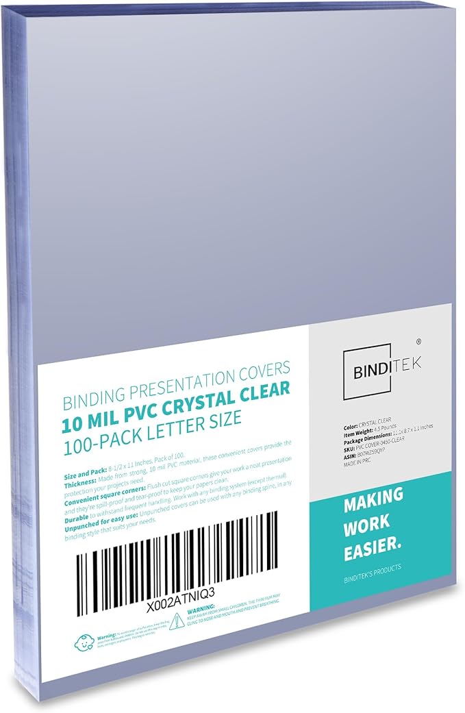 Binditek 100 Pack 10 Mil PVC Clear Binding Covers, 8.5 x 11 Inches, Letter Size, Square Corners, Un-Punched, Office Supplies