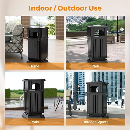 BEAMNOVA Trash Can Outdoor Top Tray Matte Black Stainless Steel Commercial Garbage Enclosure with Locking Lid Heavy Duty Industrial Yard Garage Waste Container, 35.5 * 15.8 * 15.8 in