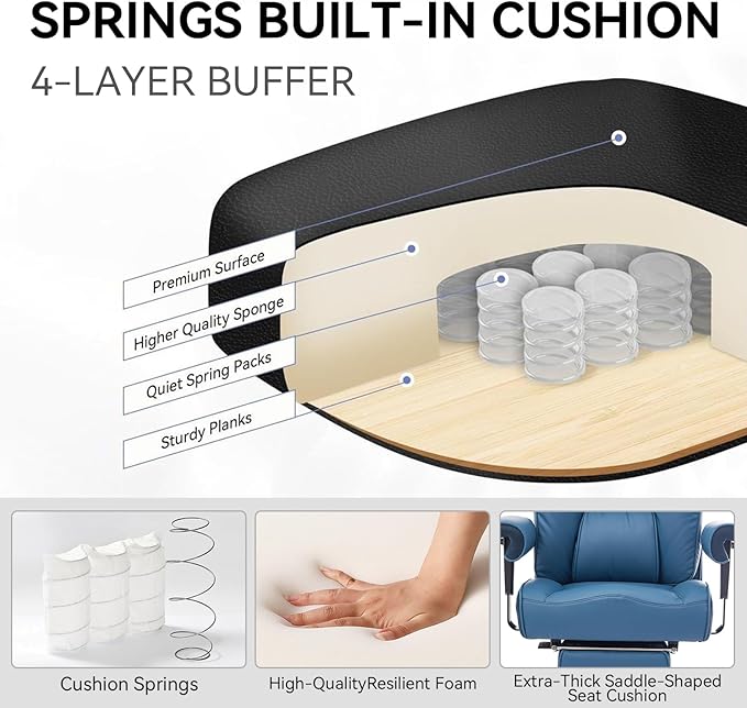 Efomao Ergonomic Office Chair 450LBS with Foot Rest, High Back PU Leather Big and Tall Executive Chair with Adjustable Padded Armrests, Lumbar Support for Home or Work, Heavy Duty Computer Chair, Blue