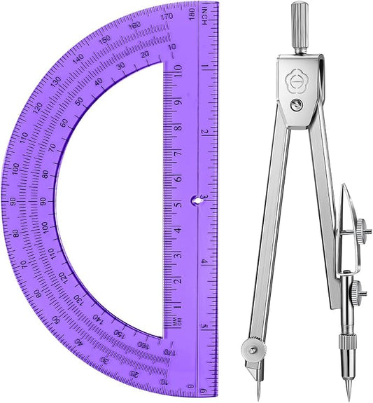 EBOOT Student Geometry Math Set, Drawing Compass and 6 Inch Swing Arm Protractor 180 Degree Math Protractor (Purple)