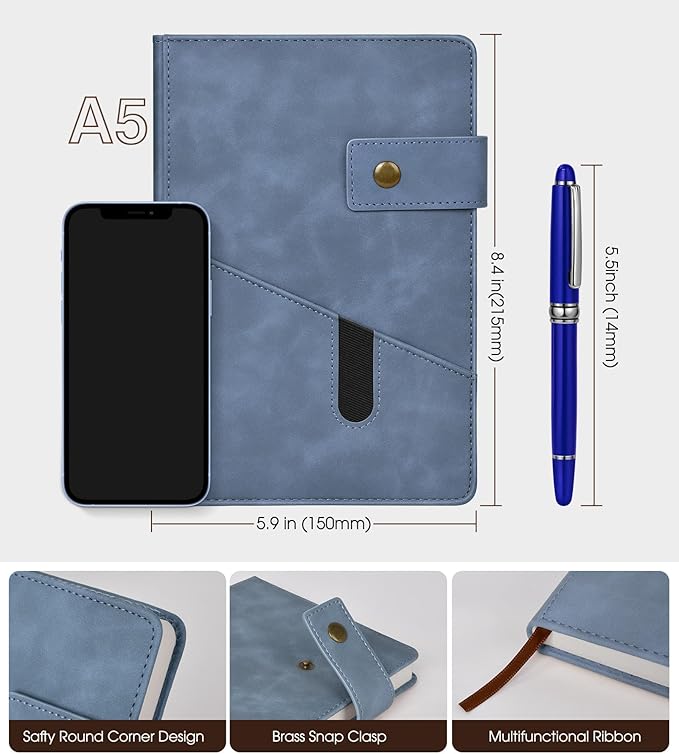 Blue A5 Lined Leather Journal Notebook for Men Women,5.9" X 8.4" Personalized Hardcover Journal with Pen,200 Pages 100 Gsm Thick Ruled Paper Daily Diary for Travel,Business,Work,Writing