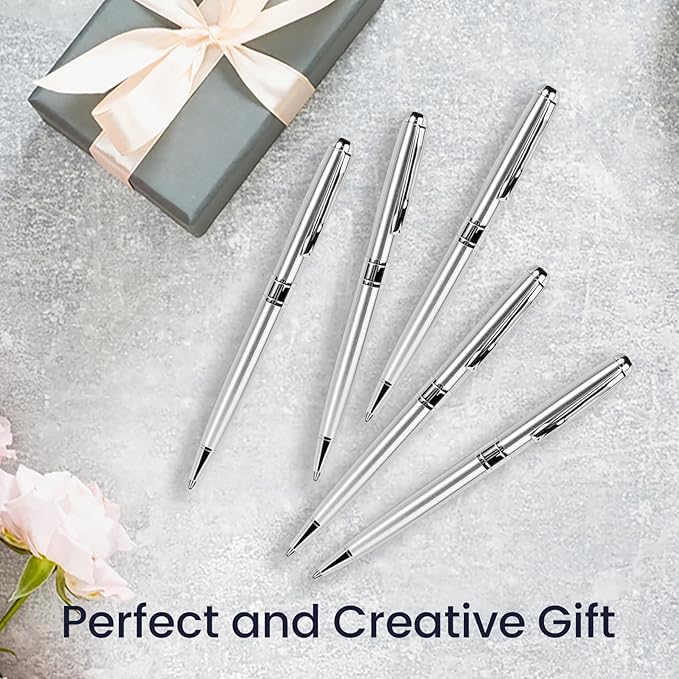Cambond Ballpoint Pens Bulk Pens - Sliver Metal Pen Nice Luxury Pens for Men Business Office Police Comfortable Writing Twist Retractable 1.0 mm Medium Point Nice Pen, 5 Pack (Silver)