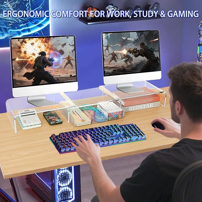 Clear Acrylic Desk Organizers and Accessories, Dual Computer Monitor Stand Riser with Drawer, Desk Shelf for Monitor, Workspace Desktop Organization for Office Supplies