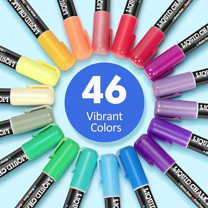 46 Pack Liquid Chalk Markers for Blackboard, Dry Erase Markers Pens for Chalkboard Calendar Window Car Glass, 6mm Reversible Tip, Dust-Free Chalk Pens for School Kids Bistro Businesses Restaurants