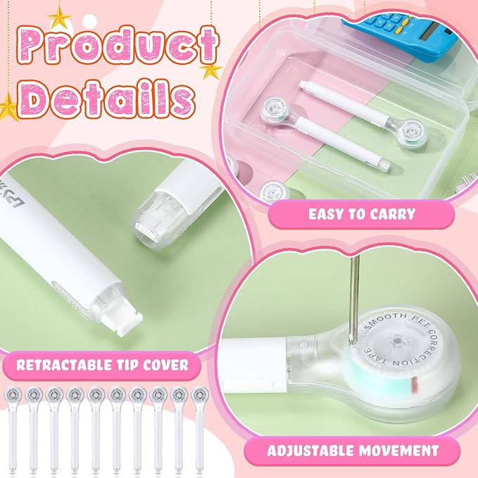 10 Pack Correction Tape Pen Correctional Ink Tape Push Pull Protective, Easy to Use Applicator for School Office Supplies, 0.2 x 236 Inch(White Color)