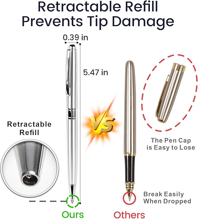 Cambond Ballpoint Pens Metal Pen - Silver Pens Black Ink for Gift Business Men Police Flight Attendant 1.0 mm Medium Point Office Pen, 3 Pens with 3 Refills (Silver)