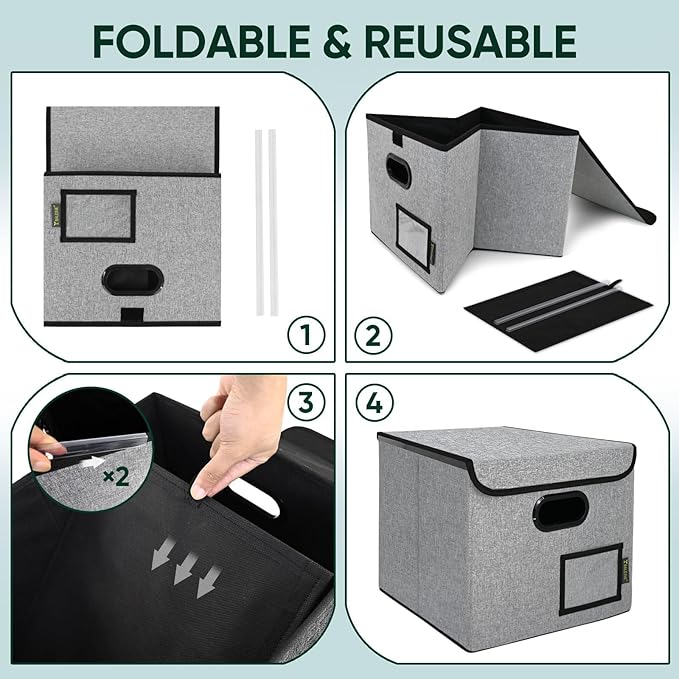 BALEINE File Organizer Box with Lid, Collapsible File Folder Organizer with Plastic Slide, Hanging File Folder Box for Office Document Storage (2 Pack, Grey)