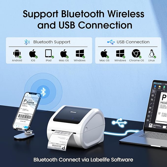 Bluetooth Shipping Label Printer 4x6 - D520BT Bluetooth Thermal Label Printer for Small Business， Shipping Packages, Compatible with USPS, Shopify, Amazon