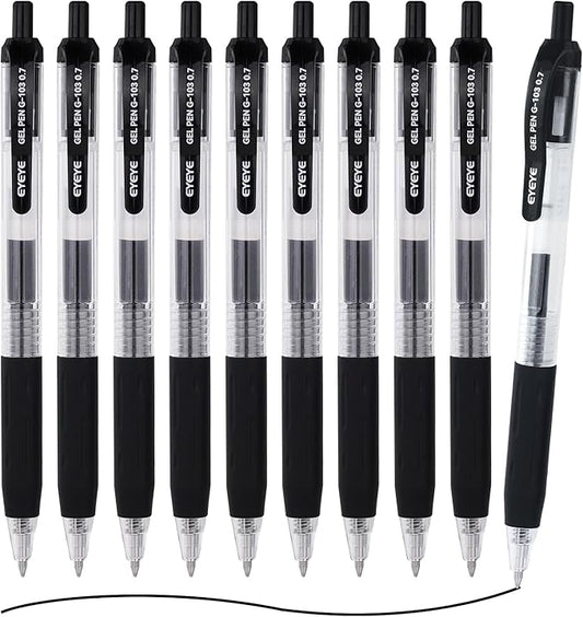 EYEYE G-103 Black Gel Pens 0.7mm, 10 Pack Retractable Medium Point Ballpoint Pen Quick Drying, Pen Fine Point Smooth Writing Pens for Office School Supplies
