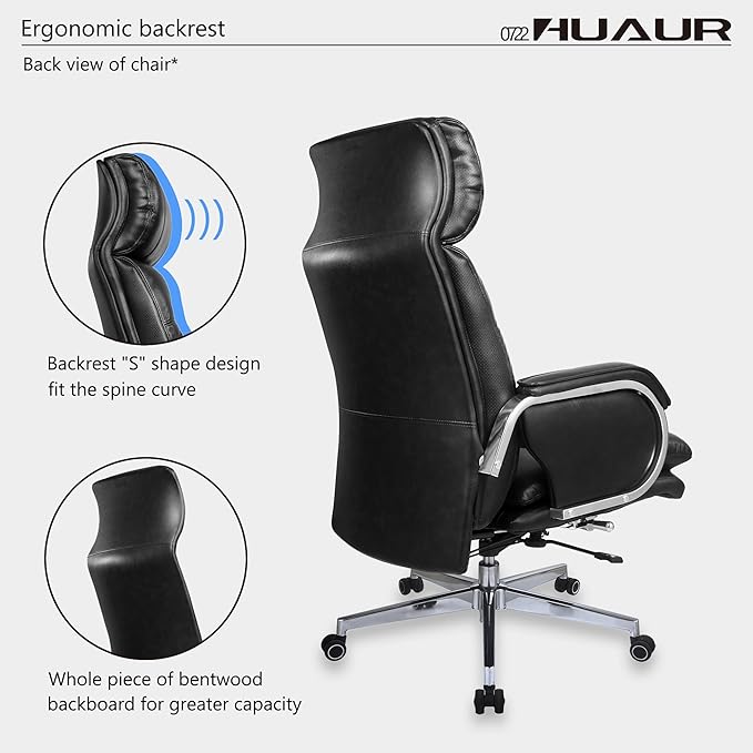 Genuine Leather Modern Executive Chair High-Back Support 90 to 150 Degrees Tilt and Upholstered Home Desk Chair with Base 360LB Capacity Swivel Computer Office Chair (Black)