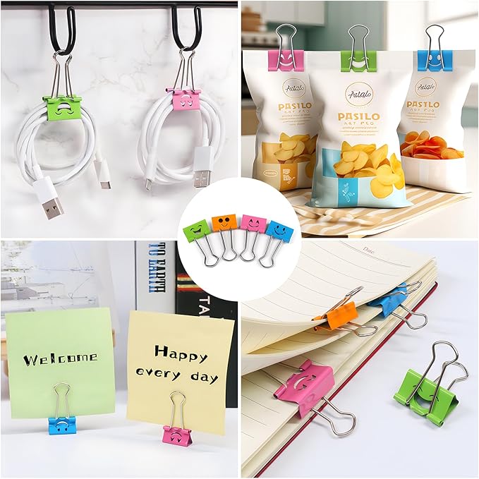 Coideal Smiley Binder Paper Clips - 100 Pcs Assorted Sizes and Colors, Metal Colored Fun Clip Clamps with Cute Smiling Face Design for Office (19mm & 25mm)