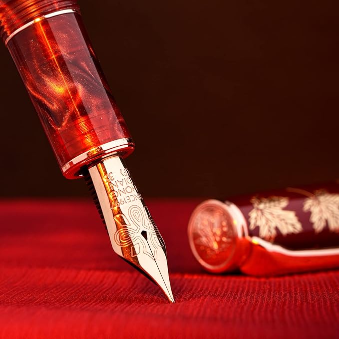 Hongdian N8 Red Acrylic Resin Fountain Pen, Iridium Medium Nib Rose Gold Trim Maple Leaf Carving Cap, Smooth Writing Pen with Converter and Metal Pen Box Set
