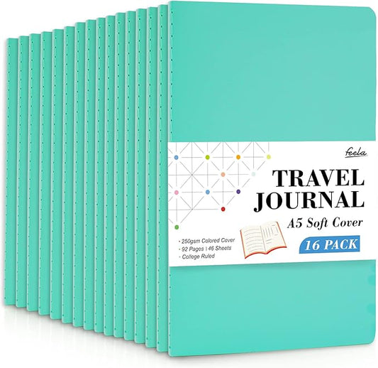 16 Pack Soft Cover Journal Bulk, Feela Lined Notebooks College Ruled for Work for Women Girl Writing, Blank Travel Journal Note Taking Notebook School Business Supplies, 8.2” x 5.5”, A5, Emerald