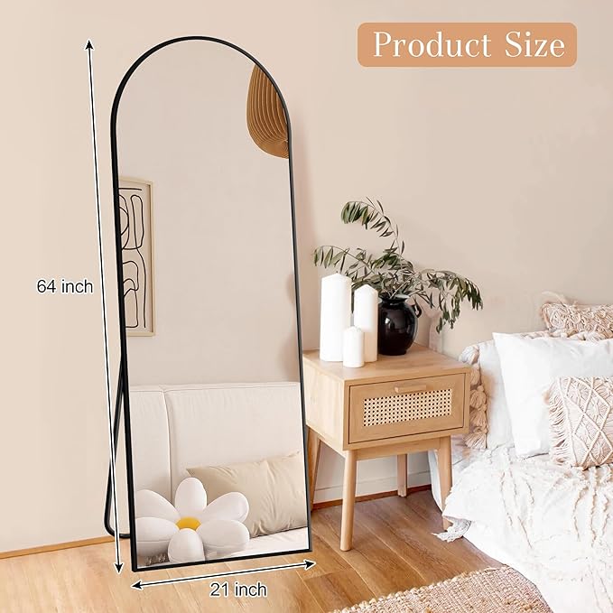 64"x21" Arched Full Length Mirror, Elegant Full Body Mirror with Stand for Bedroom & Cloakroom, Black