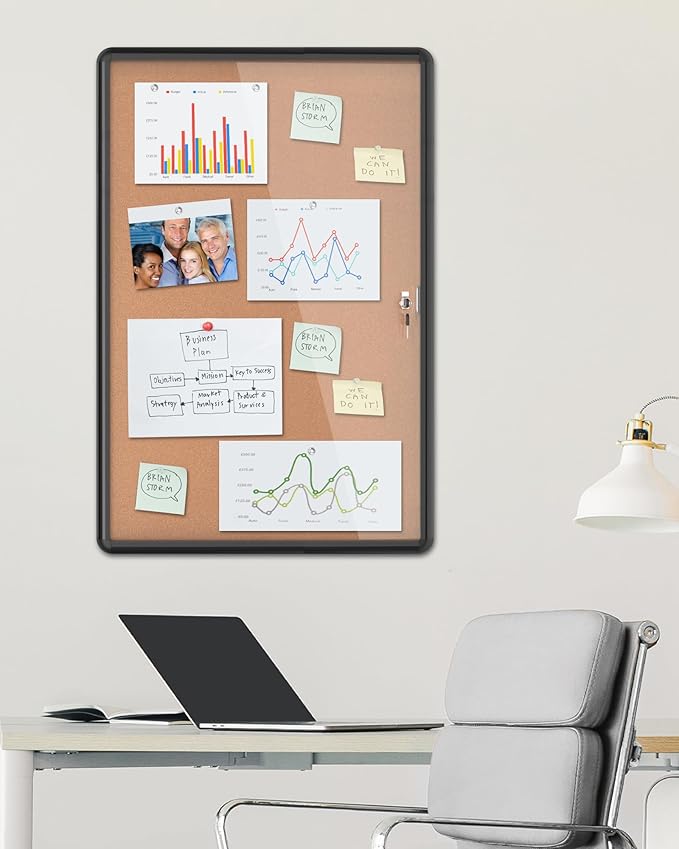36"x24" Enclosed Bulletin Board, Lockable Weather-Resistant Aluminum Cork Noticeboard for School & Office, Black Frame w/Cork