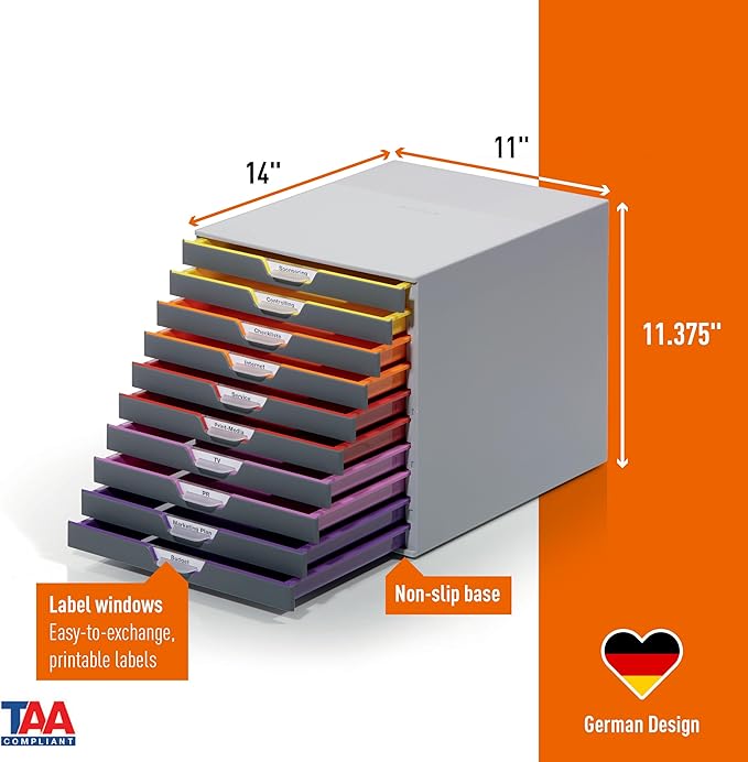 Durable Varicolor 10 Drawer Unit - Gray Desktop Drawer Set with 10 Color Coded Draws - Letter to Folio Size Files - Perfect for Storing Documents and Paper Work