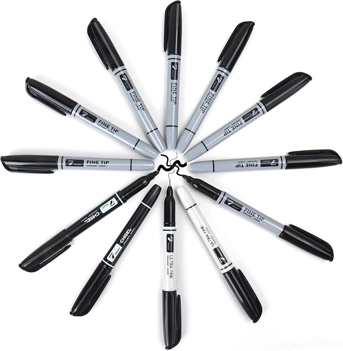 12 Black Permanent Markers with Bag - Waterproof Quick Drying Pens Set 8 Fine Tip, 2 Ultra Fine, 2 Chisel Tip Office Home School Supplies for Adults Writing Doodling Marking