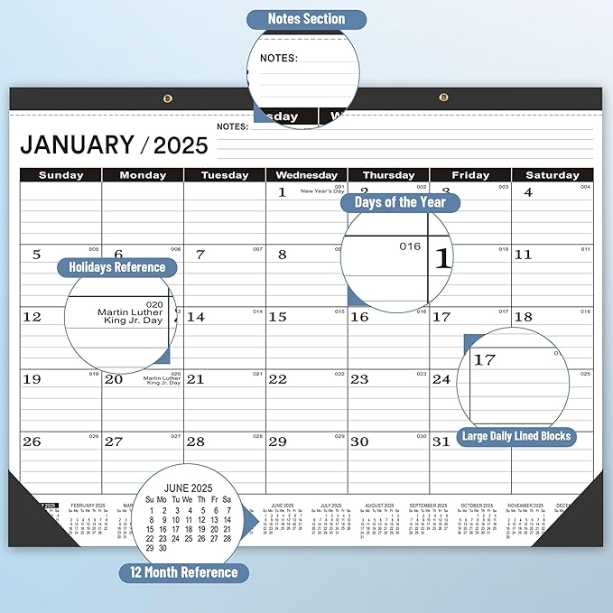 Desk Calendar 2025,January 2025 to June 2026,Large Desk calendar 2025-2026,Desk Calendar 2025-2026 Large 22x17,Classroom 2025 Calendar 22x17" with Round Holes& NOTES List (Black),18 Months Calendar 2025