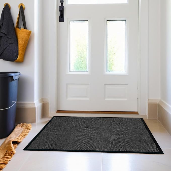 Door Floor Entrance Mat 3x4Ft Brush Step Entrance Rug with Striped Pattern&Rubber Border Indoor Outdoor Low Profile Rubber Entry Carpet Mat for Hallway,Home,High Traffic Area,Black