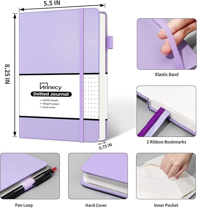 Annecy Numbered Bullet Dotted Journal Notebook, Medium 5.5x 8.25, 160 Pages 100GSM Writing Paper, A5 Purple Faux Leather Cover with Pen Loop