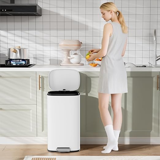 Arlopu 13.2+1.3 Gallon Step Trash Can, Stainless Steel Garbage Bin, Soft-Close Rubbish Bin with Removable Plastic Inner Bucket, Fingerprint-Proof, Lid Dustbin, for Kitchen Home (White)