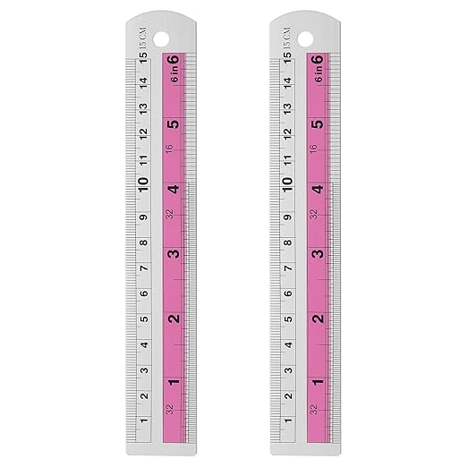 HARFINGTON 2pcs Metal Straight Ruler 15cm Metric SAE Aluminum Alloy Measuring Rulers Scale Tools with Hole for Measure Study Reading Classroom Office, Pink