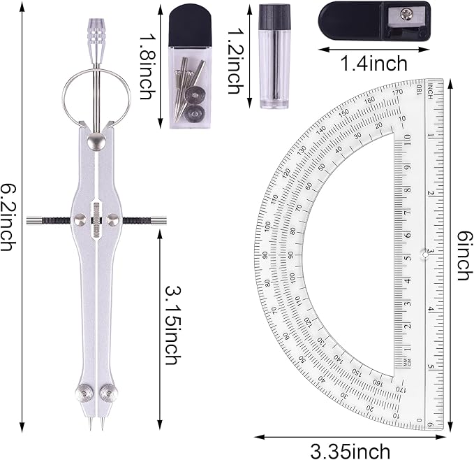 Compass and Protractor Set, Professional Drawing Compass Tool, Metal Compass with Extra Refills, Compass for Geometry and 6 Inch Math Protractors 180 Degree (Purple)