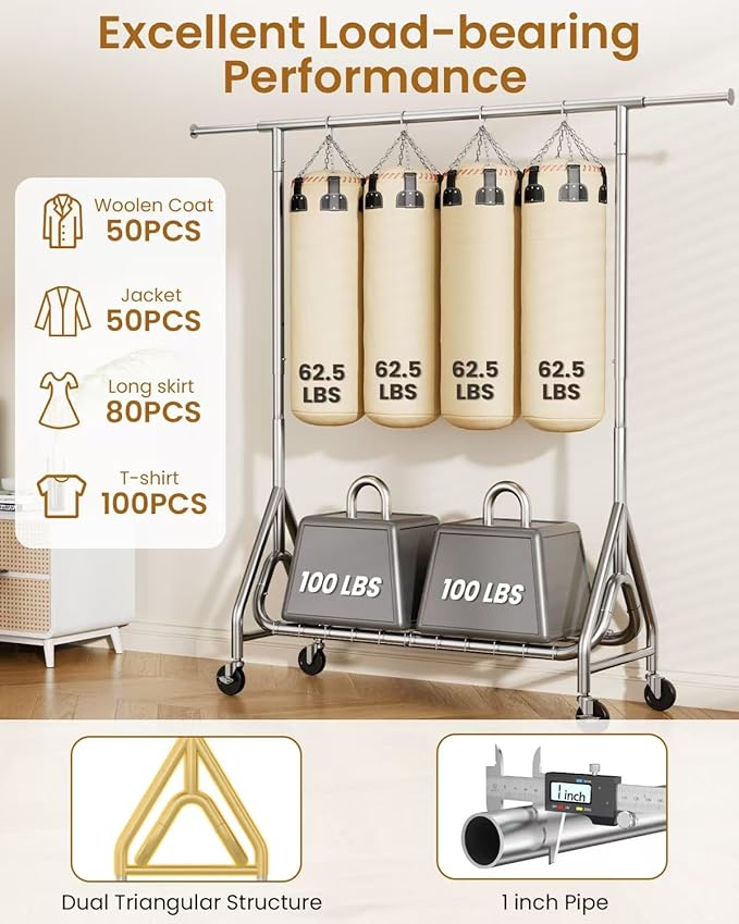 Heavy Duty Clothing Rack, Metal Clothes Rack Load 450 LBS, Rolling Coat Racks for Hanging Clothes with Lockable Wheels, Wardrobe Closet Garment Racks for Bedroom, Silver