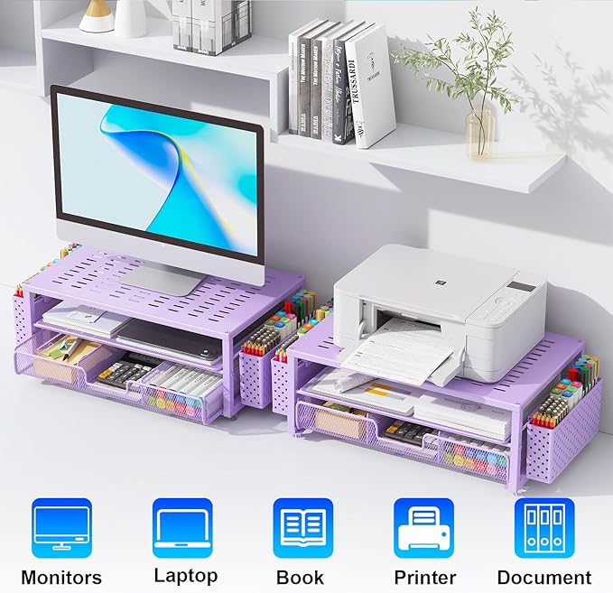 gianotter Desk Organizers and Accessories, Monitor Stand with Drawer and 2 Pen Holder, Purple Desk Accessories, Computer Stand Suitable for Offices and Dormitories (Purple)