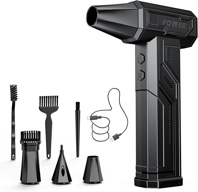 Electric Air Duster, 300000RPM 4-Gear Adjustable Compressed Air Duster with Light, Rechargeable Brushless Motor Air Blower for Keyboard, PC, Car, and Home Cleaning Reusable Replaces Compressed Air Can