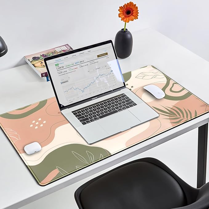 Boho Green Cream Desk Mat Boho Kawaii Green Mouse Pad Cute Desk Mat, Large Aesthetic Mouse Pad XL Desk Decor for Women with Stitched Edge Mouse Desk Pad for Keyboard and Mouse Desk Pad, 31.5x15.8in.