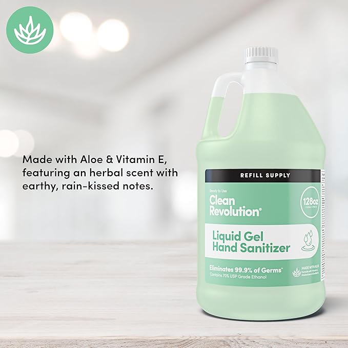 Clean Revolution Liquid Gel Hand Sanitizer, 128 Fl. Oz Refill Supply Container| Eliminates 99.9% of Germs | Gentle & Aloe Enriched | 70% USP Medical Grade Ethanol, Medical Facility Compliant