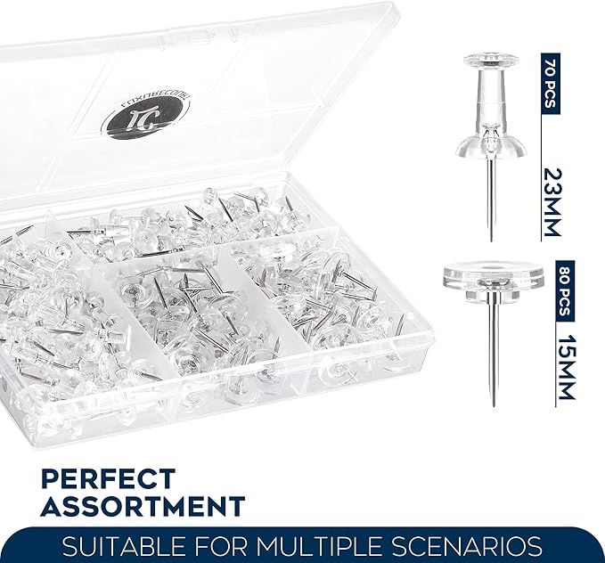 150 Pack Assorted Clear Push Pins by Luxurecourt for Bulletin Board, Wall Hanging, Cork Board, Shadow Box Display - Includes Flat Head Thumbtacks & Standard Pushpins in Plastic Resuable Storage Box.